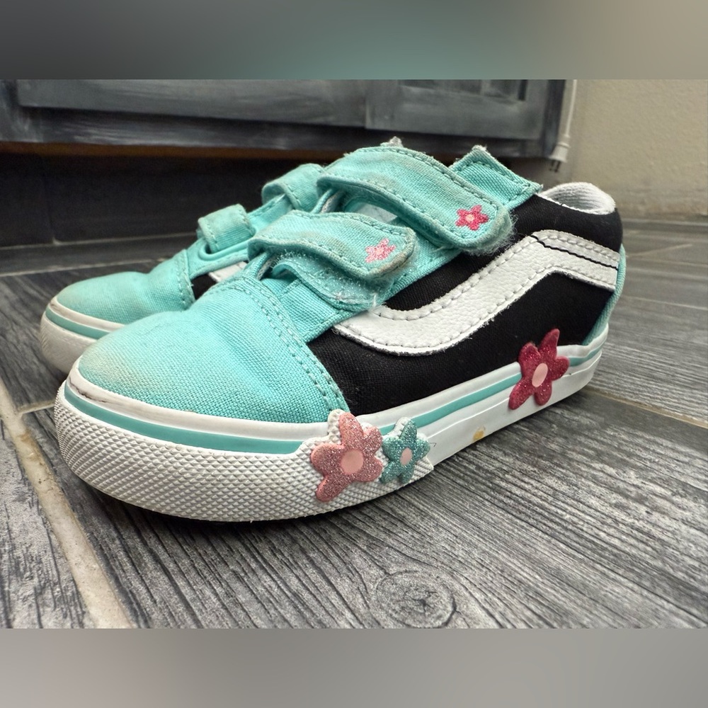 Vans Flower Black and Teal Toddler Sneakers - Picture 4 of 9